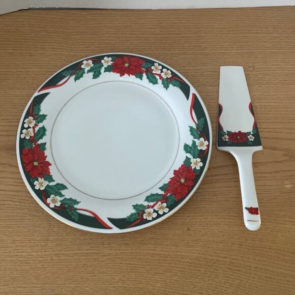 Tienshan Deck The Halls Cake Plate and Server Set Christmas Pattern 11 inch New - Picture 2 of 8